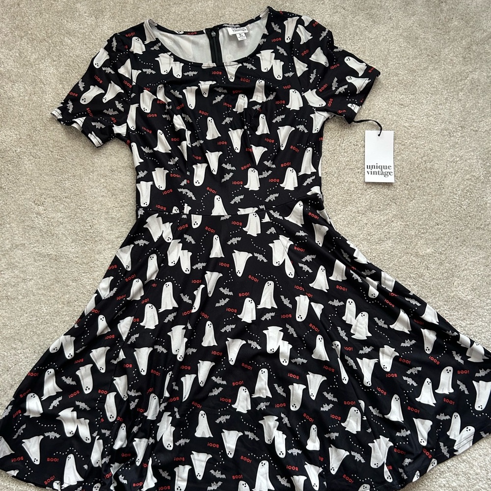 Unique Vintage Black and White Ghost Print Mini Dress